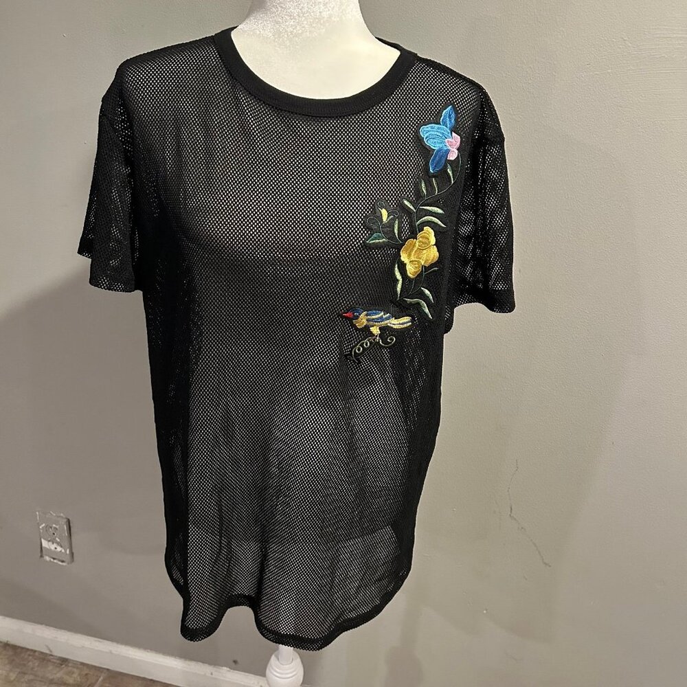 NWOT Ginger G Mesh Fish Net Embroidered Bird Black T Shirt Medium Made in USA